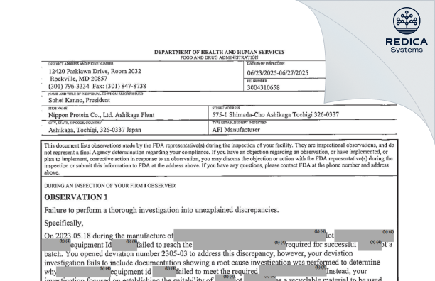 FDA 483 - Nippon Protein [Shimadacho / Japan] - Download PDF - Redica Systems