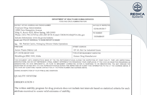 FDA 483 - Arrow Pharm (Malta) Ltd [Hal Far / Malta] - Download PDF - Redica Systems
