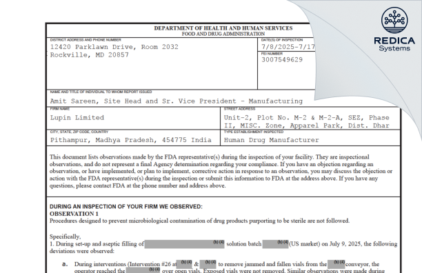 FDA 483 - LUPIN LIMITED [Pithampur M / India] - Download PDF - Redica Systems
