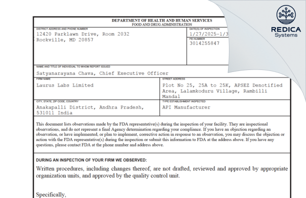 FDA 483 - Laurus Labs Limited [Rambilli / India] - Download PDF - Redica Systems