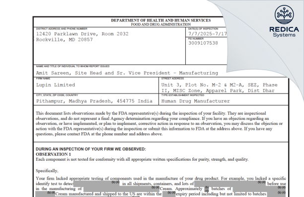 FDA 483 - LUPIN LIMITED [Dhar Sub-District / India] - Download PDF - Redica Systems