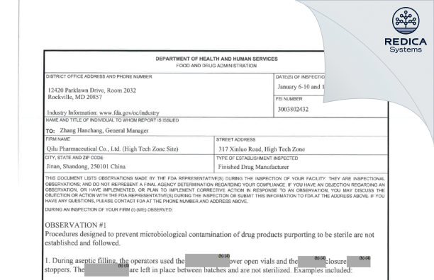 FDA 483 - Qilu Pharmaceutical Co., Ltd.(High Tech Zone Site) [Jinan / China] - Download PDF - Redica Systems