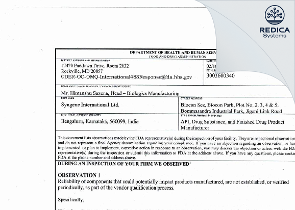 FDA 483 - SYNGENE INTERNATIONAL LIMITED [Anekal / India] - Download PDF - Redica Systems