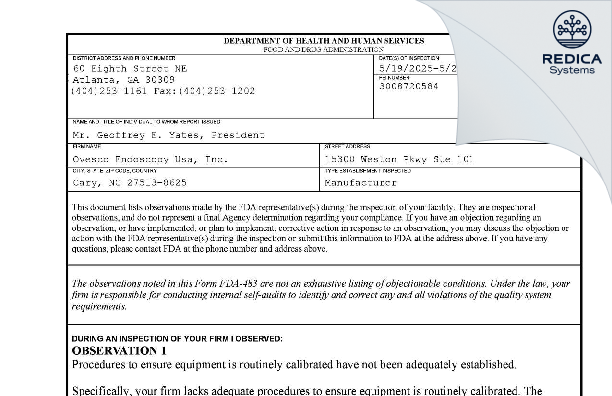 FDA 483 - Ovesco Endoscopy USA [Cary / United States of America] - Download PDF - Redica Systems