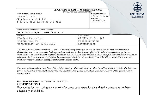 FDA 483 - MIACH ORTHOPAEDICS [Westborough / United States of America] - Download PDF - Redica Systems
