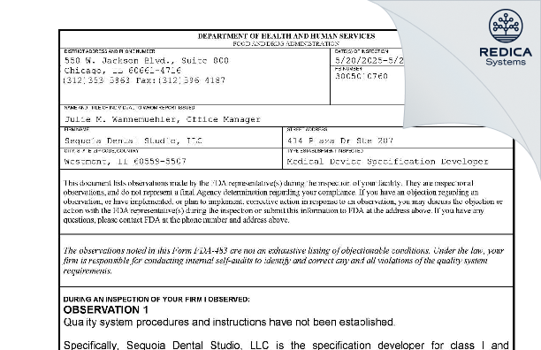 FDA 483 - Sequoia Dental Studio, LLC [Westmont / United States of America] - Download PDF - Redica Systems