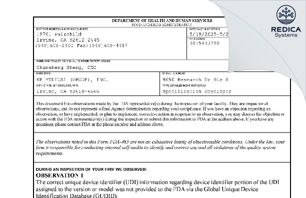 FDA 483 - KB MEDICAL (GROUP) INC. [Irvine / United States of America] - Download PDF - Redica Systems