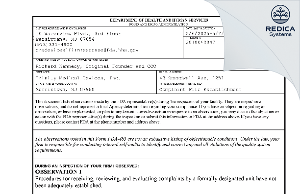 FDA 483 - Trinity Medical Devices, Inc. [Parsippany / United States of America] - Download PDF - Redica Systems