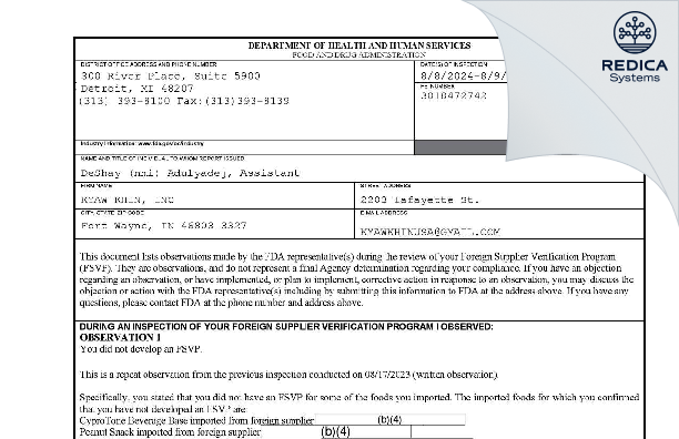 FDA 483 - KYAWKHIN INC [Fort Wayne / United States of America] - Download PDF - Redica Systems