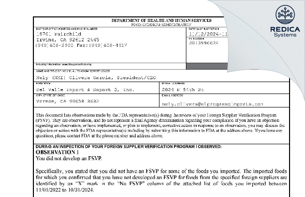 FDA 483 - Del Valle Import & Export 3, Inc. DBA El Progreso Imports [Los Angeles / United States of America] - Download PDF - Redica Systems