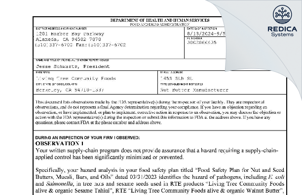 FDA 483 - Living Tree Community Foods [Berkeley / United States of America] - Download PDF - Redica Systems