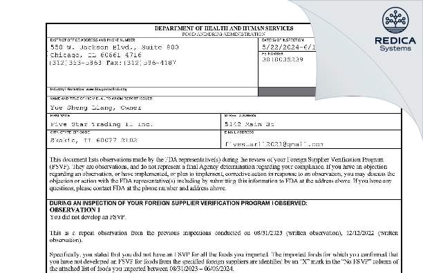 FDA 483 - Five Star Trading IL Inc. [Skokie / United States of America] - Download PDF - Redica Systems