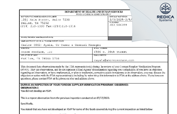 FDA 483 - Amore Produce, LLC [Mcallen / United States of America] - Download PDF - Redica Systems