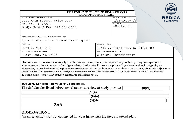 FDA 483 - Syed Ali, M.D. [Sugar Land / United States of America] - Download PDF - Redica Systems