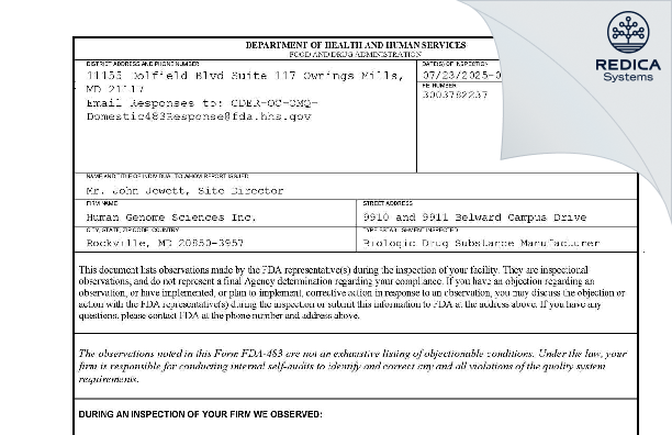 FDA 483 - Human Genome Sciences, Inc. [Rockville / United States of America] - Download PDF - Redica Systems