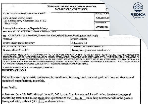 FDA 483 - Bristol-Myers Squibb Company [Devens / United States of America] - Download PDF - Redica Systems