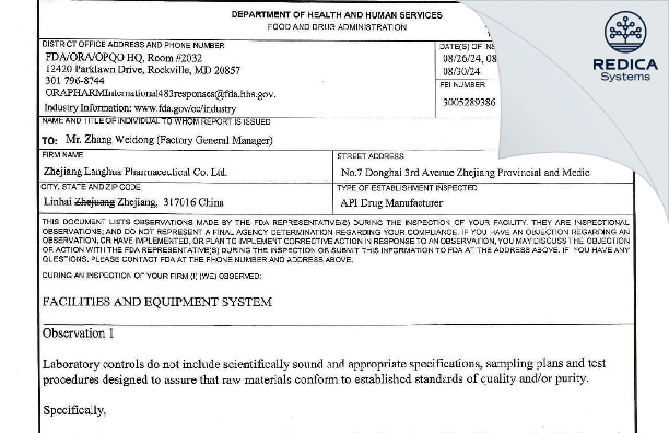 FDA 483 - Zhejiang Langhua Pharmaceutical Co. Ltd. [Linhai / China] - Download PDF - Redica Systems
