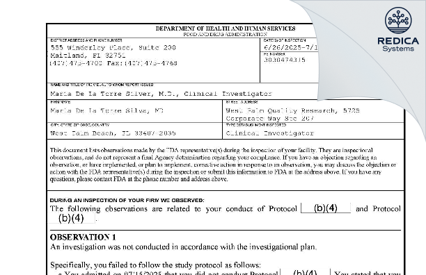 FDA 483 - Maria De La Torre Silva Md [West Palm Beach / United States of America] - Download PDF - Redica Systems