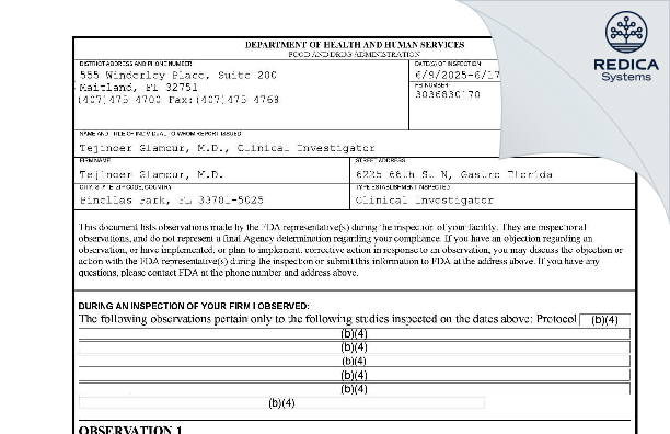 FDA 483 - Tejinder Glamour, M.D. [Pinellas Park / United States of America] - Download PDF - Redica Systems