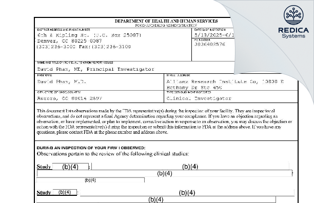 FDA 483 - David Pham, M.D. [Aurora / United States of America] - Download PDF - Redica Systems