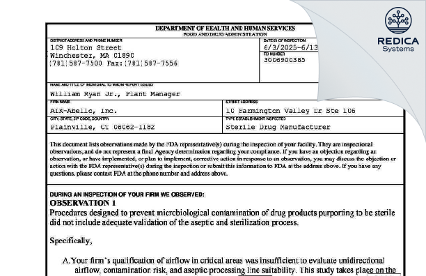 FDA 483 - ALK-ABELLO, INC. [Plainville / United States of America] - Download PDF - Redica Systems