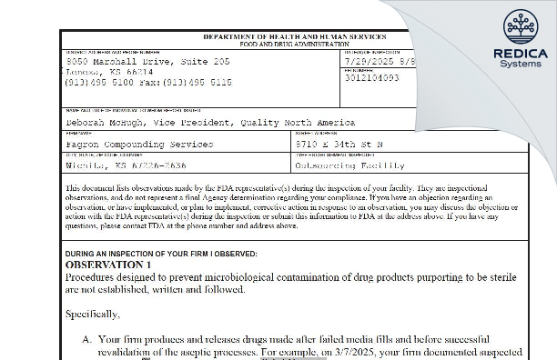 FDA 483 - Fagron Compounding Services [Wichita / United States of America] - Download PDF - Redica Systems