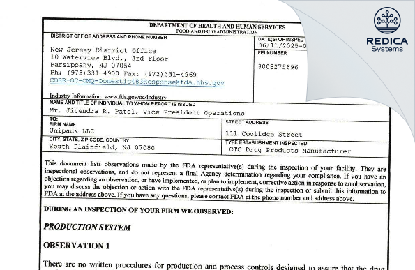 FDA 483 - Unipack LLC [South Plainfield / United States of America] - Download PDF - Redica Systems