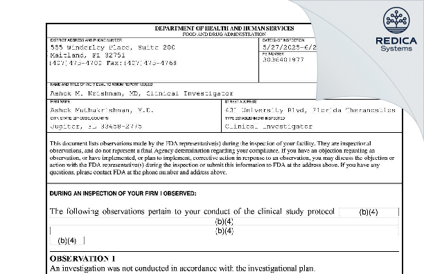 FDA 483 - Ashok Muthukrishnan, M.D. [Jupiter / United States of America] - Download PDF - Redica Systems