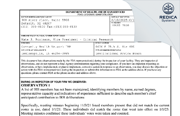 FDA 483 - Community Health Network IRB [Indianapolis / United States of America] - Download PDF - Redica Systems