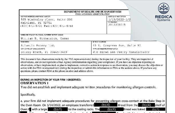FDA 483 - Atlantic Bakery Ltd. [Delray Beach / United States of America] - Download PDF - Redica Systems