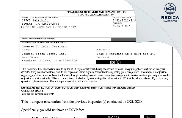 FDA 483 - Coastal Fresh Farms, Inc. [Westlake Village / United States of America] - Download PDF - Redica Systems