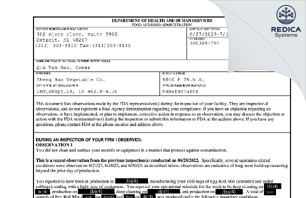 FDA 483 - Zheng Hao Vegetable Co. [Indianapolis / United States of America] - Download PDF - Redica Systems