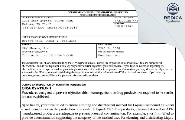 FDA 483 - OHM PHARMA INC. [Mineral Wells / United States of America] - Download PDF - Redica Systems