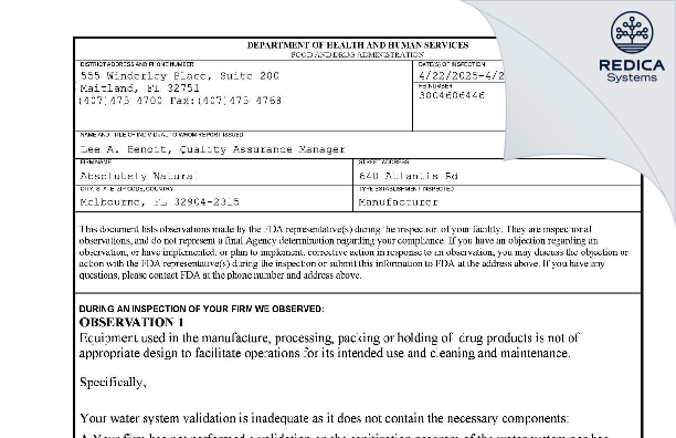 FDA 483 - Absolutely Natural [Melbourne / United States of America] - Download PDF - Redica Systems