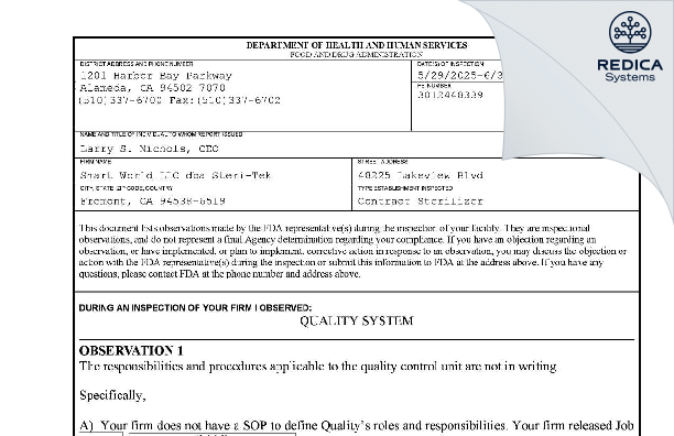 FDA 483 - Smart World LLC [Fremont / United States of America] - Download PDF - Redica Systems