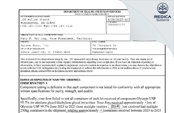 FDA 483 - Autumn Harp, Inc. [Essex Junction / United States of America] - Download PDF - Redica Systems