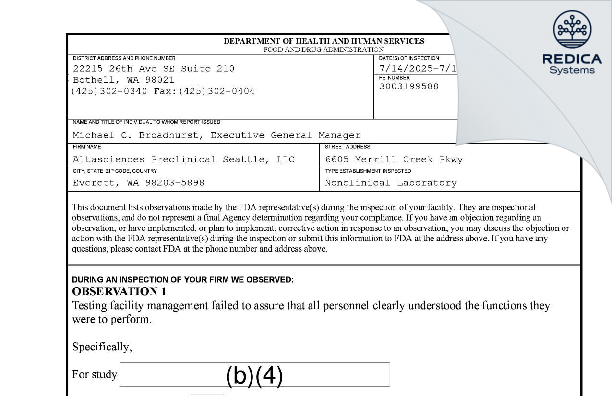 FDA 483 - Altasciences Preclinical Seattle, LLC [Everett / United States of America] - Download PDF - Redica Systems