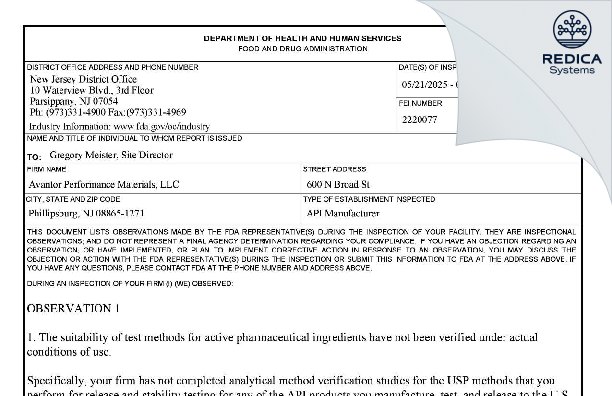 FDA 483 - Avantor Performance Materials, LLC [Phillipsburg / United States of America] - Download PDF - Redica Systems