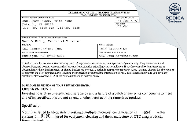 FDA 483 - DSC Laboratories, LLC [Muskegon / United States of America] - Download PDF - Redica Systems