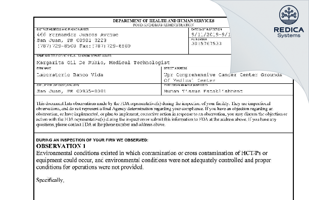 FDA 483 - Laboratorio Banco Vida [Gobernador Piñero / Puerto Rico] - Download PDF - Redica Systems