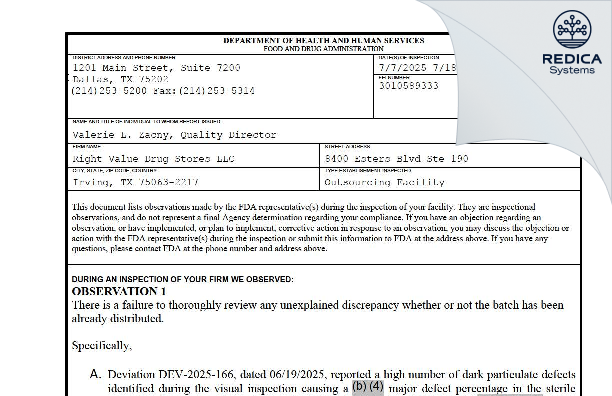 FDA 483 - Right Value Drug Stores, LLC dba Carie Boyd's Prescription Shop [Irving / United States of America] - Download PDF - Redica Systems