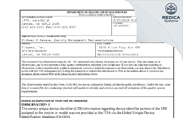 FDA 483 - Tisenx, Inc. [Irvine / United States of America] - Download PDF - Redica Systems