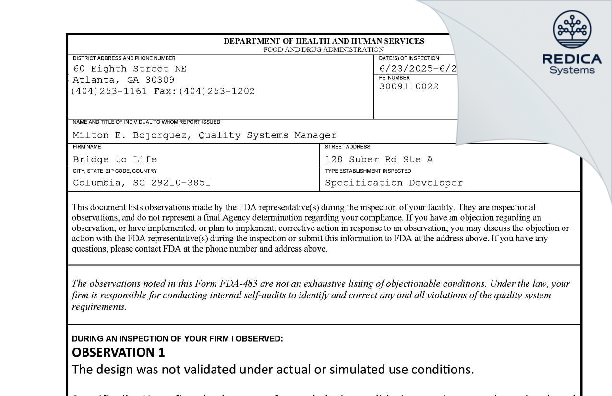 FDA 483 - BRIDGE TO LIFE LTD. [Columbia / United States of America] - Download PDF - Redica Systems