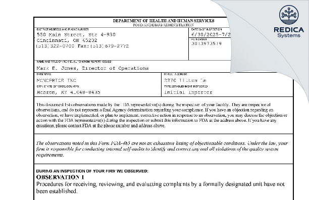 FDA 483 - MONOPRICE INC. [Hebron / United States of America] - Download PDF - Redica Systems