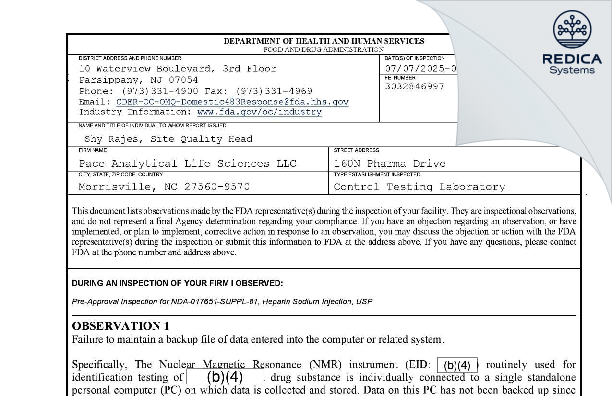 FDA 483 - Pace Analytical Life Sciences, LLC [Morrisville / United States of America] - Download PDF - Redica Systems