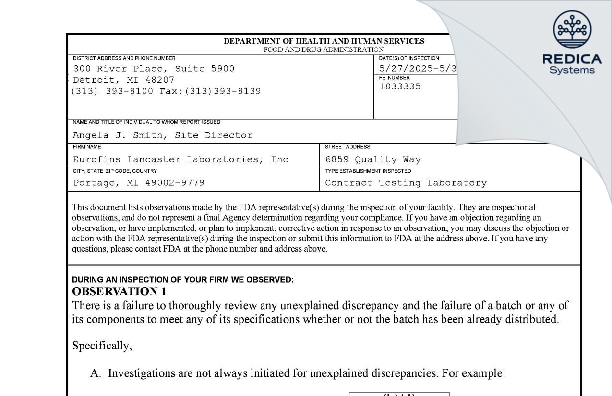 FDA 483 - Eurofins Lancaster Laboratories, Inc [Portage / United States of America] - Download PDF - Redica Systems