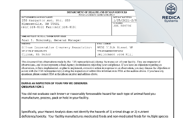 FDA 483 - Gilman Cooperative Creamery Association [Foley / United States of America] - Download PDF - Redica Systems