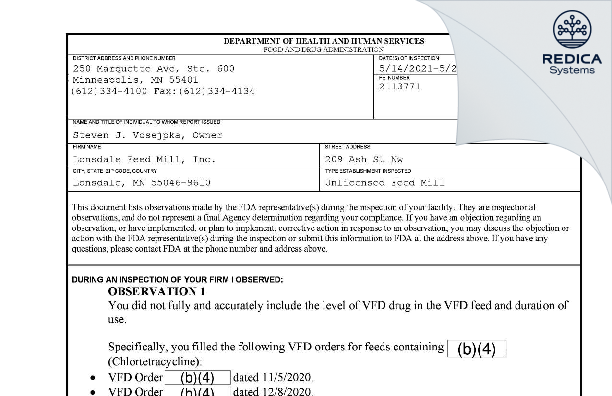 FDA 483 - Lonsdale Feed Mill, Inc. [Lonsdale / United States of America] - Download PDF - Redica Systems