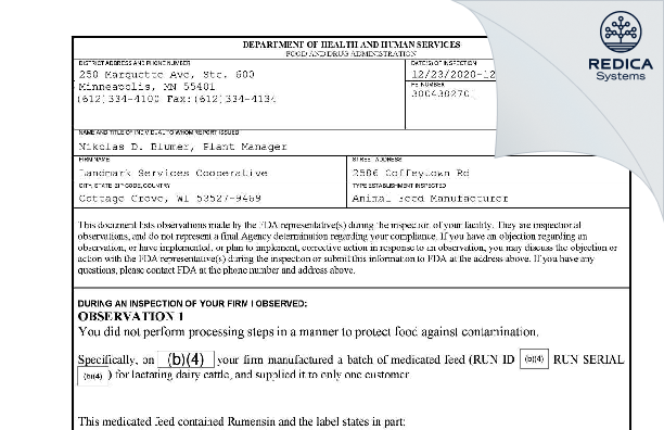FDA 483 - Landmark Services Cooperative [Cottage Grove / United States of America] - Download PDF - Redica Systems