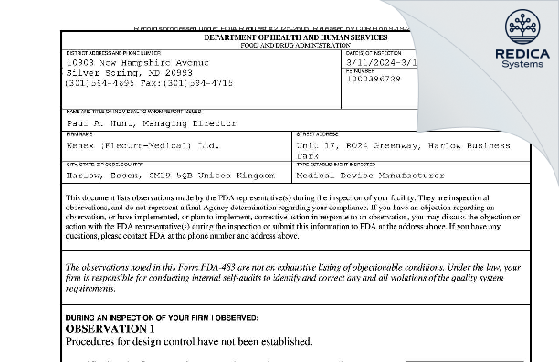 FDA 483 - Kenex (Electro-Medical) Ltd. [Harlow / United Kingdom of Great Britain and Northern Ireland] - Download PDF - Redica Systems